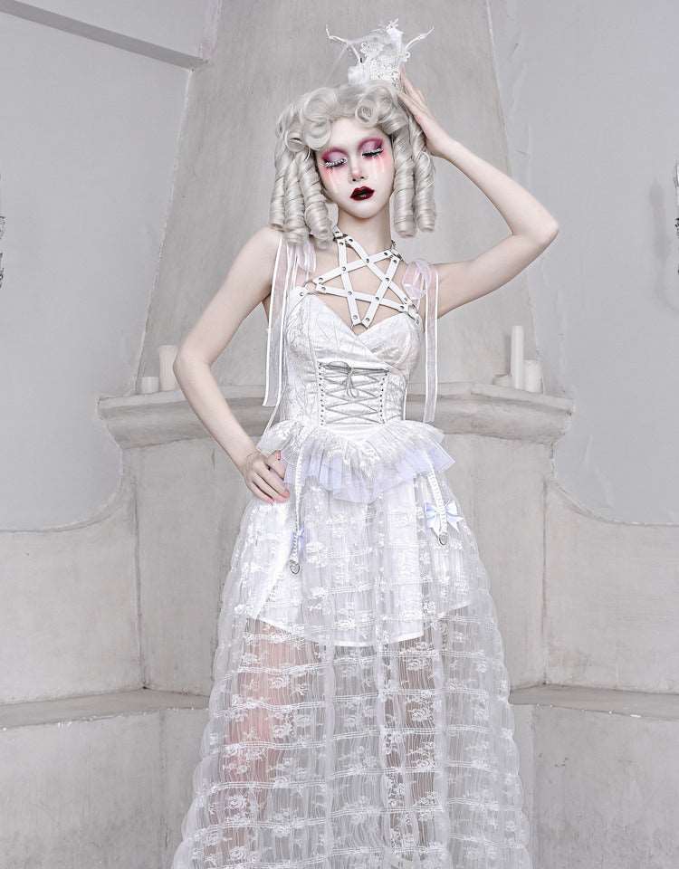 The White Doll Jacquard Lace Bow Pentagram Strap Dress