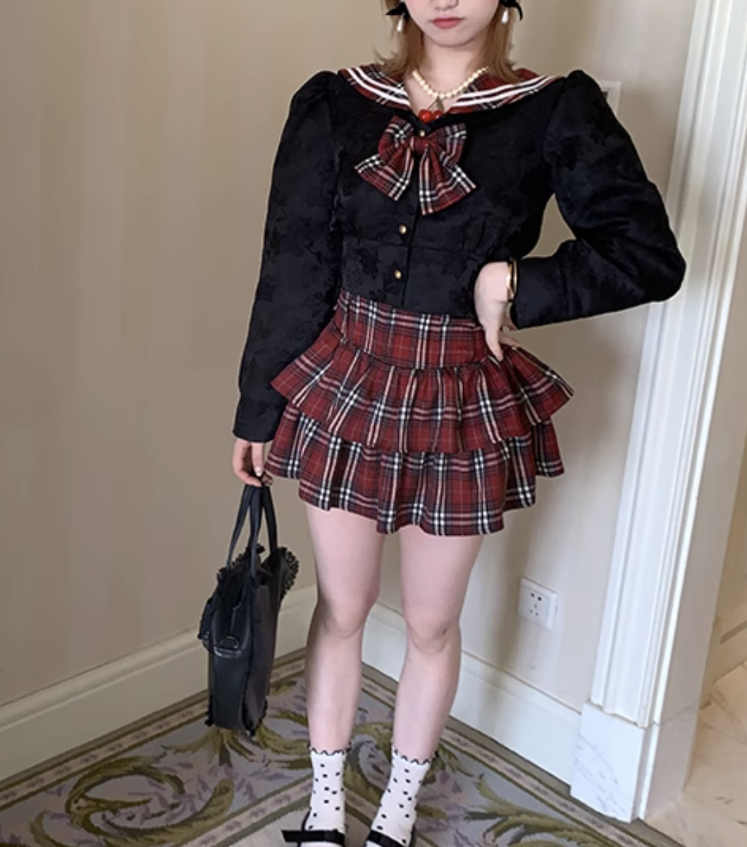 Picnic Girl Dark Red Black Plaid Rose Print Sailor Collar Long Sleeve Top Mini Skirt Two Piece Set