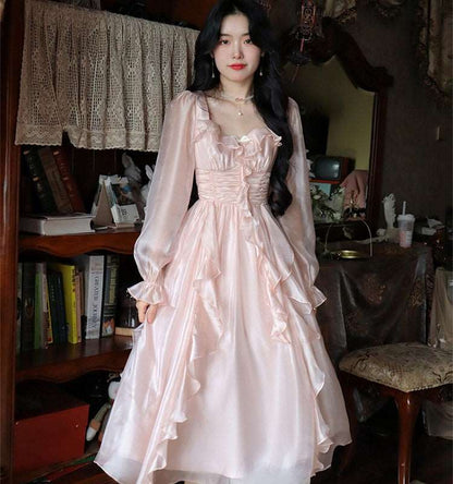 French European Women Girl Fashion Style Elegant Luxury Spring Autumn Winter Ruffled Flower Floral Princess Fairytale Transparent Long Pink Dress