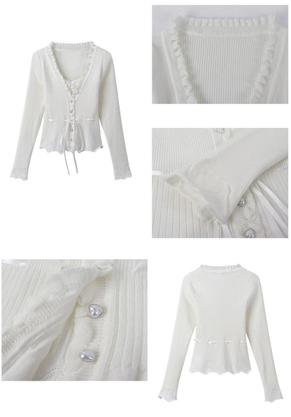 Knitted White Pink Heart Buttons Fitting Long Sleeve Tops Sweaters