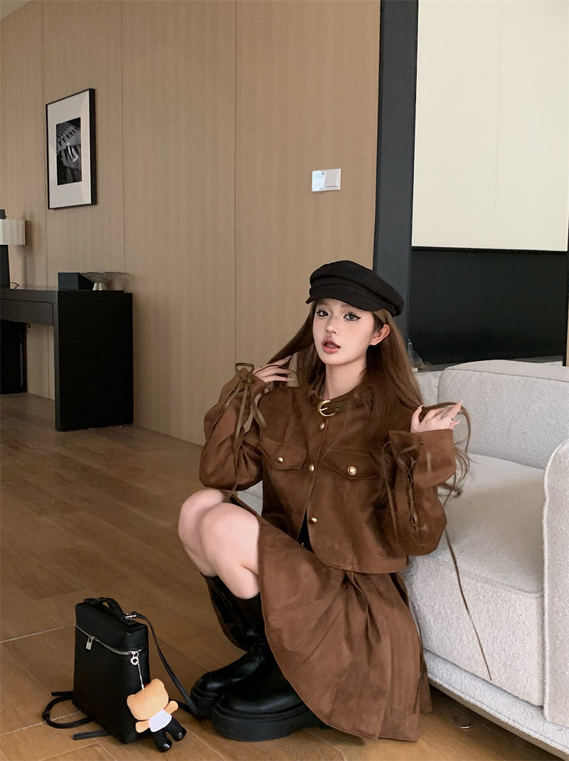 Retro Grunge Industrial Brown Trendy Fall Autumn Jacket Short Pleated Skirt Two Piece Set