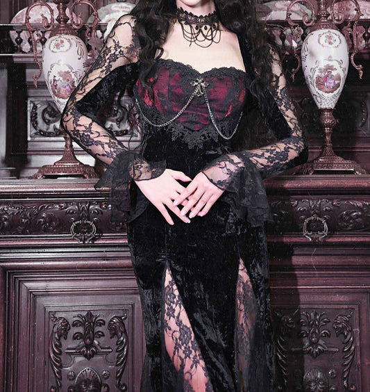Dark Gothic Dream Rose Stitching Lace Velvet Fishtail Dress