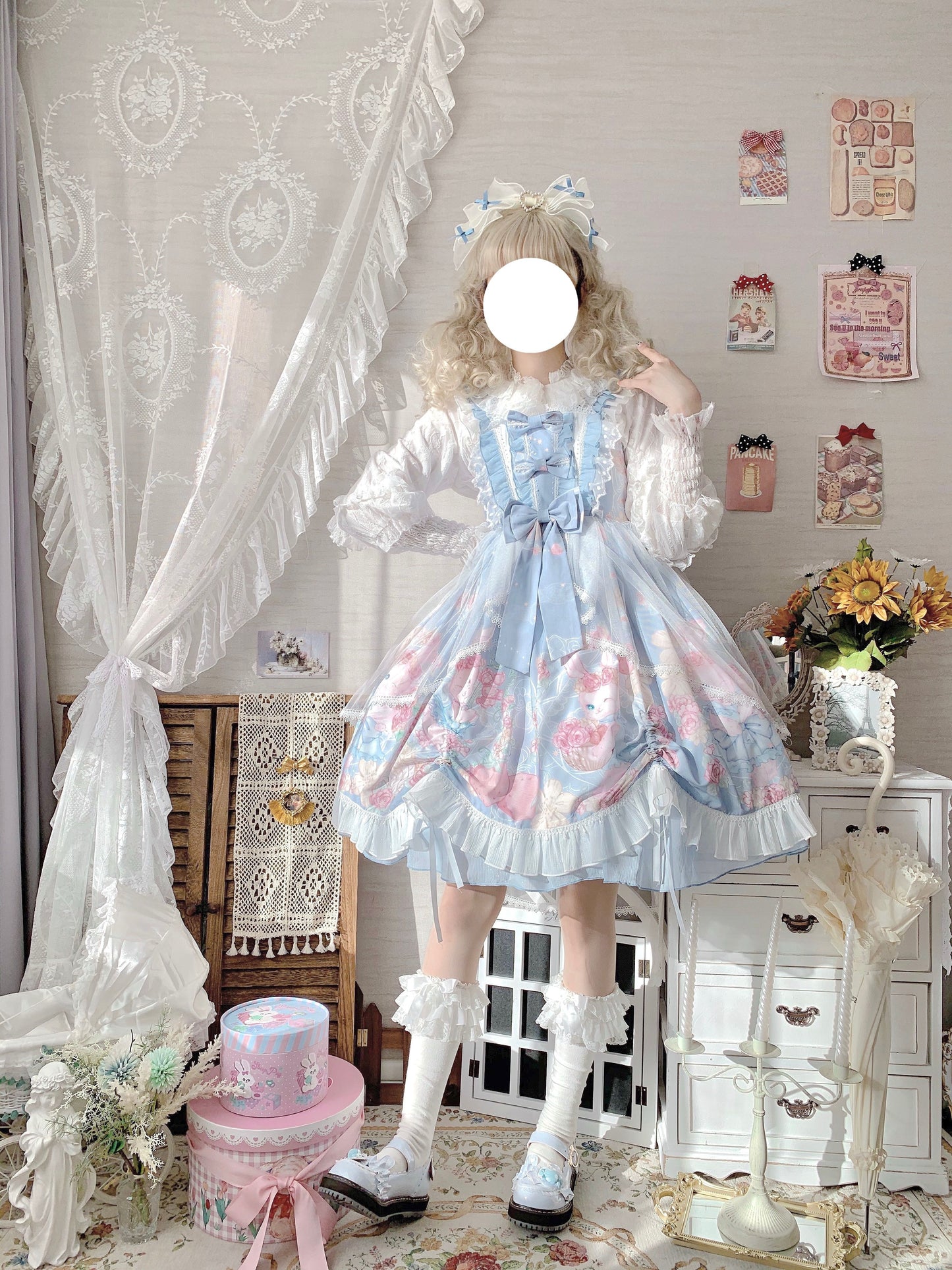 Sugar Girl Rose Rabbit Bunny Pink & Blue Pattern Print Lace Bow Strap Dress