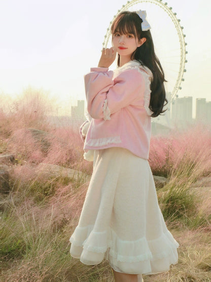 Lady Pastel Pink & White Short Faux Imitation Cashmere Jacket