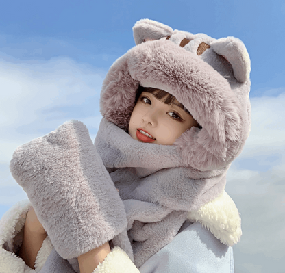 Cute Scarf Bear Cat Kitty Neko Ears Three Piece Sweet Hood Plush Thick Warm Winter Gloves Hat