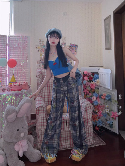 Y2K Art Student Graffiti Blue Plaid Loose Casual Pants