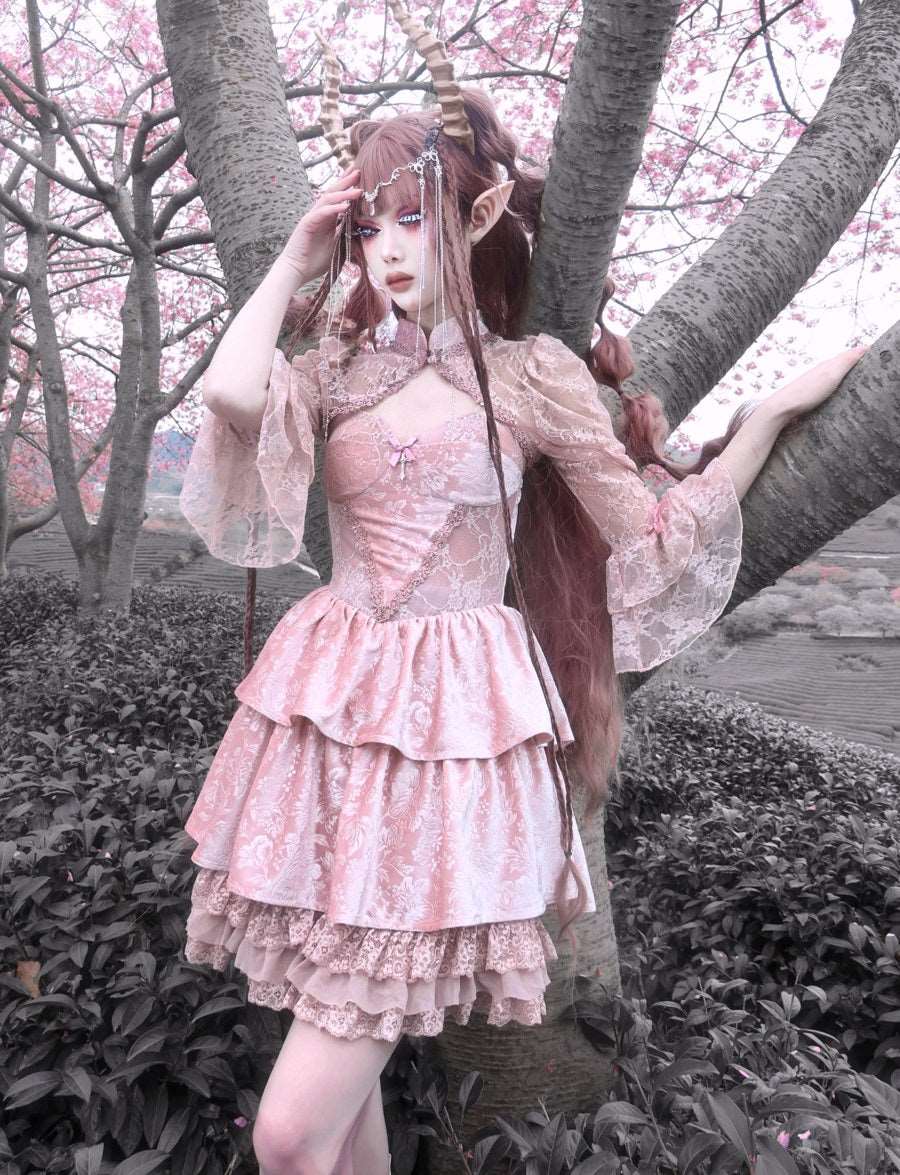 Blood Supply Guardian of Sakura Tress Gothic Lace Velvet Pink Cake Short Dress