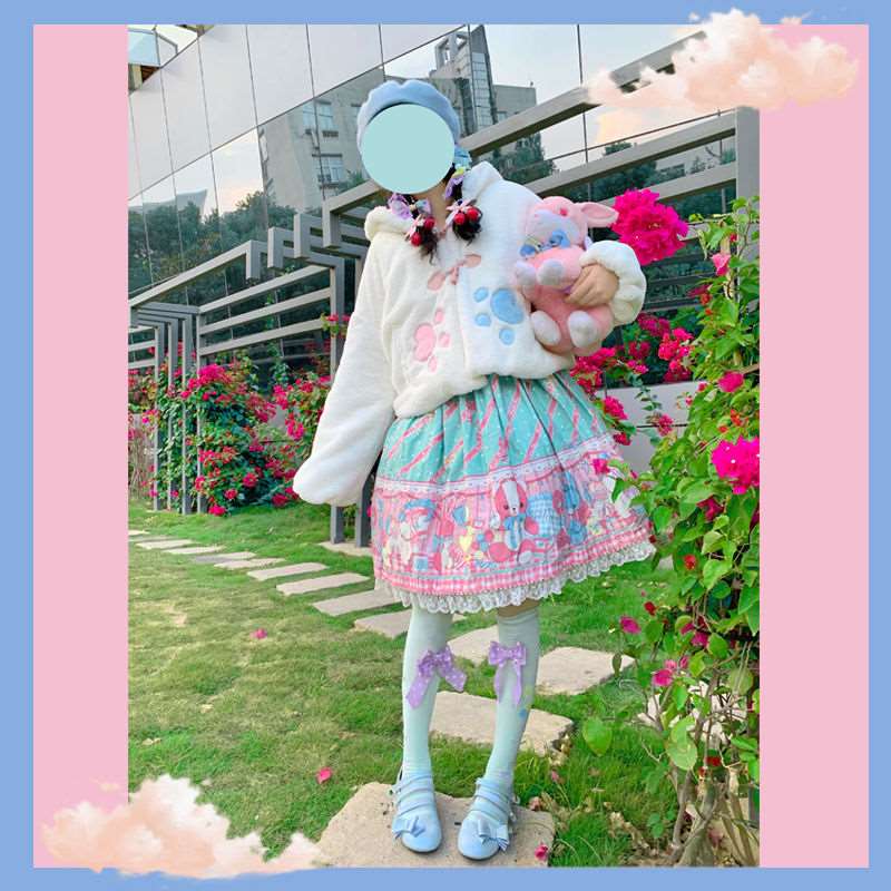 Japanese Fashion Girl Cute Autumn Winter Velvet Plush Rabbit Bunny Ears Blue Pink Paw White Jacket Coat