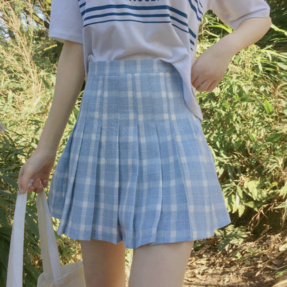 Pink Blue Gray High Waist Plaid Mini Short Tennis Skirt