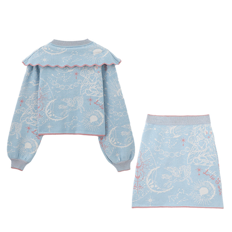 Vintage Moon Stars Knit Embroidery Blue Cardigan Sweater Skirt Two Piece Set