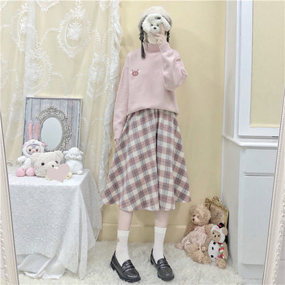 Wool Plaid Pink & Blue Stripes Long Elastic Gathered Waist Skirt