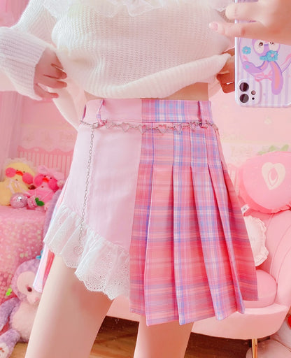 Harajuku High Waist Love Heart Chain Sweet Pink Blue Plaid Pleated Skirt