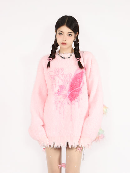 Butterfly Print Diamond Pullover Knitted Pink White Oversize Sweater