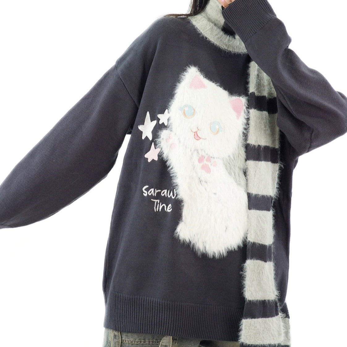 Serendipity Stars Cute Cat Pullover Knitted Embroidery Oversize Sweater