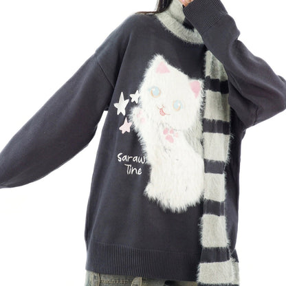 Serendipity Stars Cute Cat Pullover Knitted Embroidery Oversize Sweater