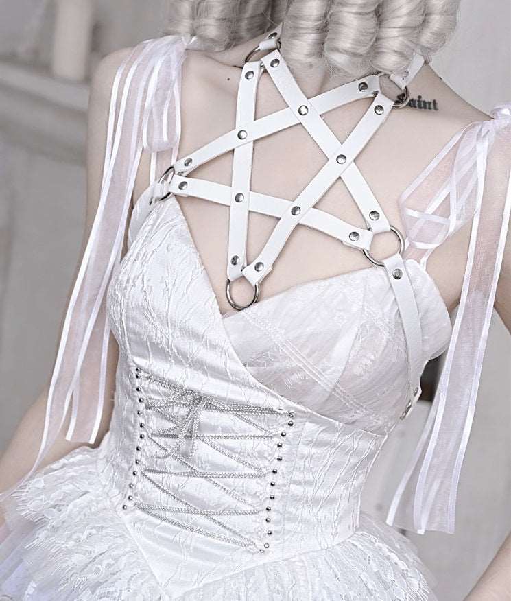 The White Doll Jacquard Lace Bow Pentagram Strap Dress