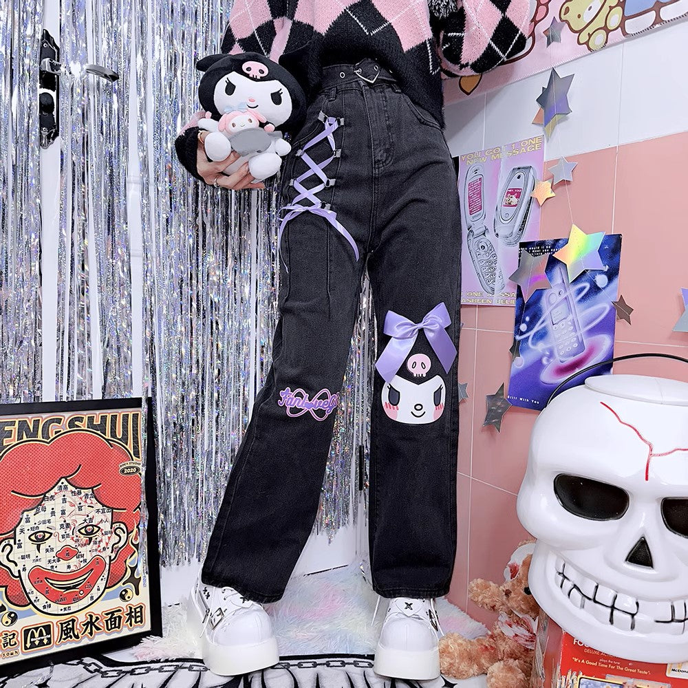 Purple Devil Japanese Harajuku Cute Kawaii Anime Girl Black High Waist Pants Trousers Denim Jeans