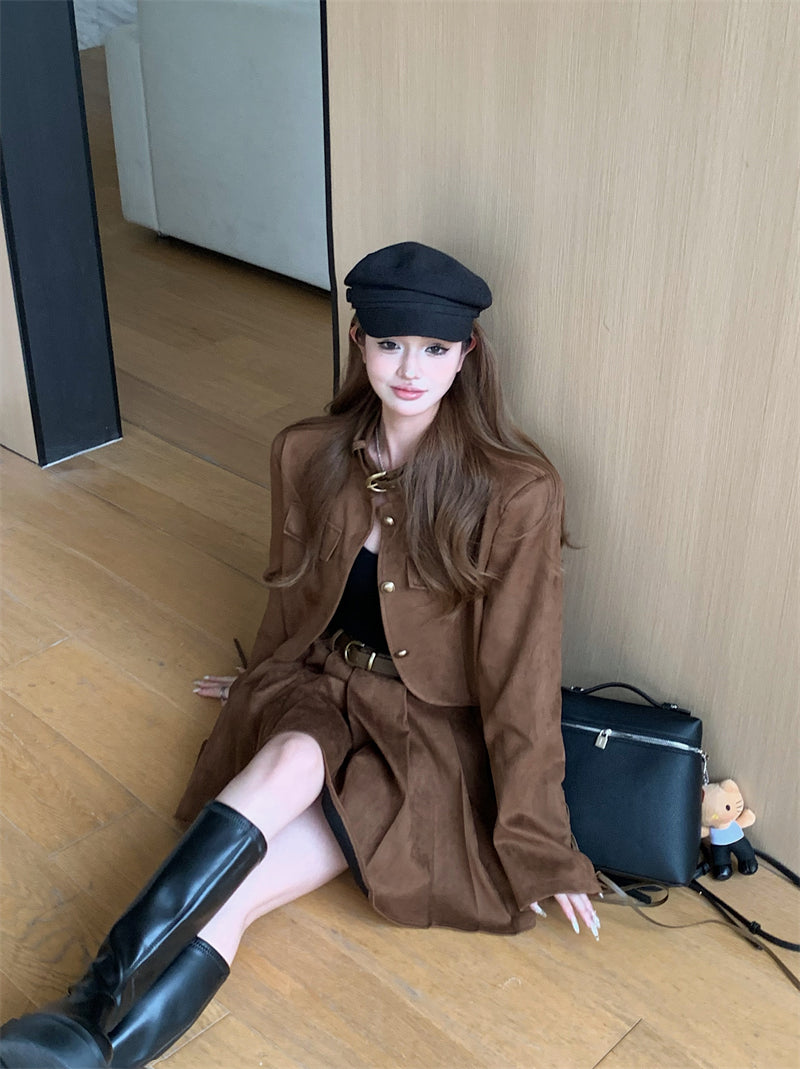 Retro Grunge Industrial Brown Trendy Fall Autumn Jacket Short Pleated Skirt Two Piece Set