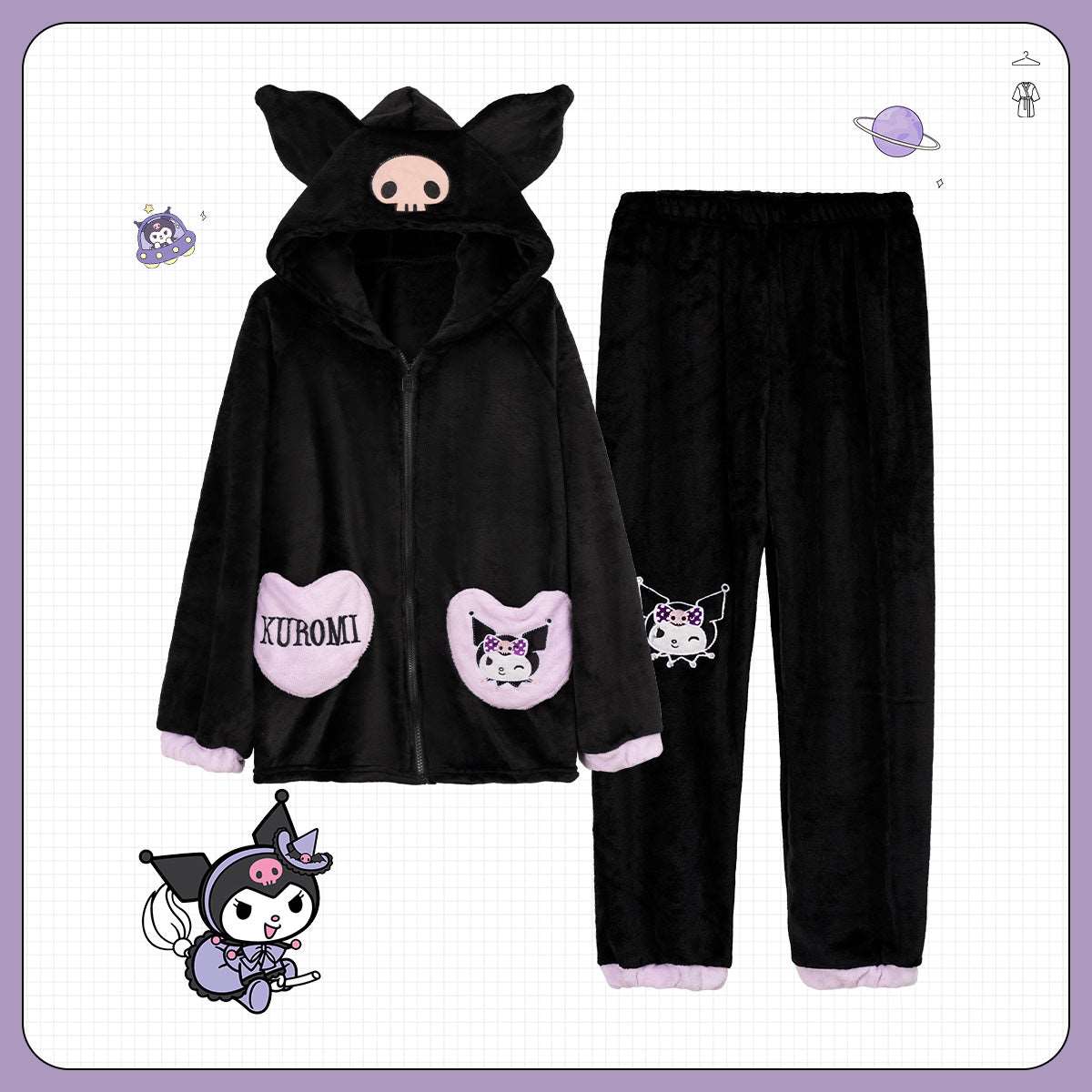 Black Kuromi Cute Cartoon Girl Plush Flannel Cozy Warm Winter Pajamas Sleepwear Long Sleeve Zip Up Hoodie Tops & Pants Two Piece