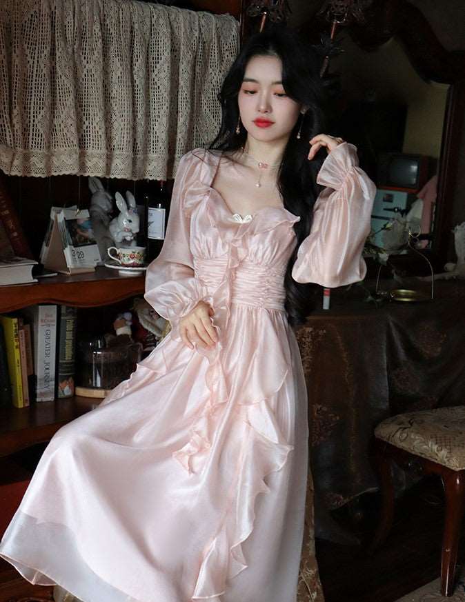 French European Women Girl Fashion Style Elegant Luxury Spring Autumn Winter Ruffled Flower Floral Princess Fairytale Transparent Long Pink Dress