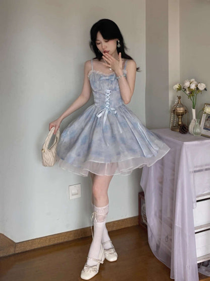 Blue Angel Sky Blue Magic Crystal Sweet Fairy Princess Bow Lace Spring Summer Strap Dress