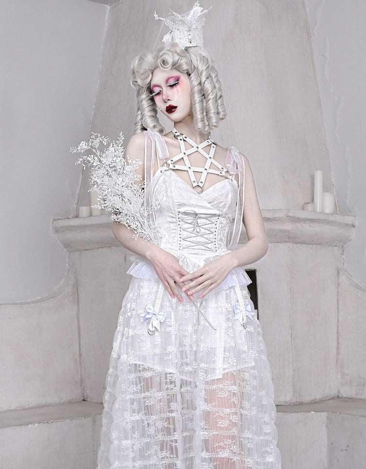 The White Doll Jacquard Lace Bow Pentagram Strap Dress