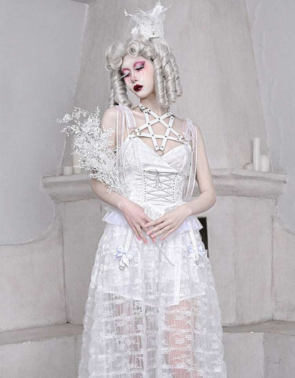 The White Doll Jacquard Lace Bow Pentagram Strap Dress