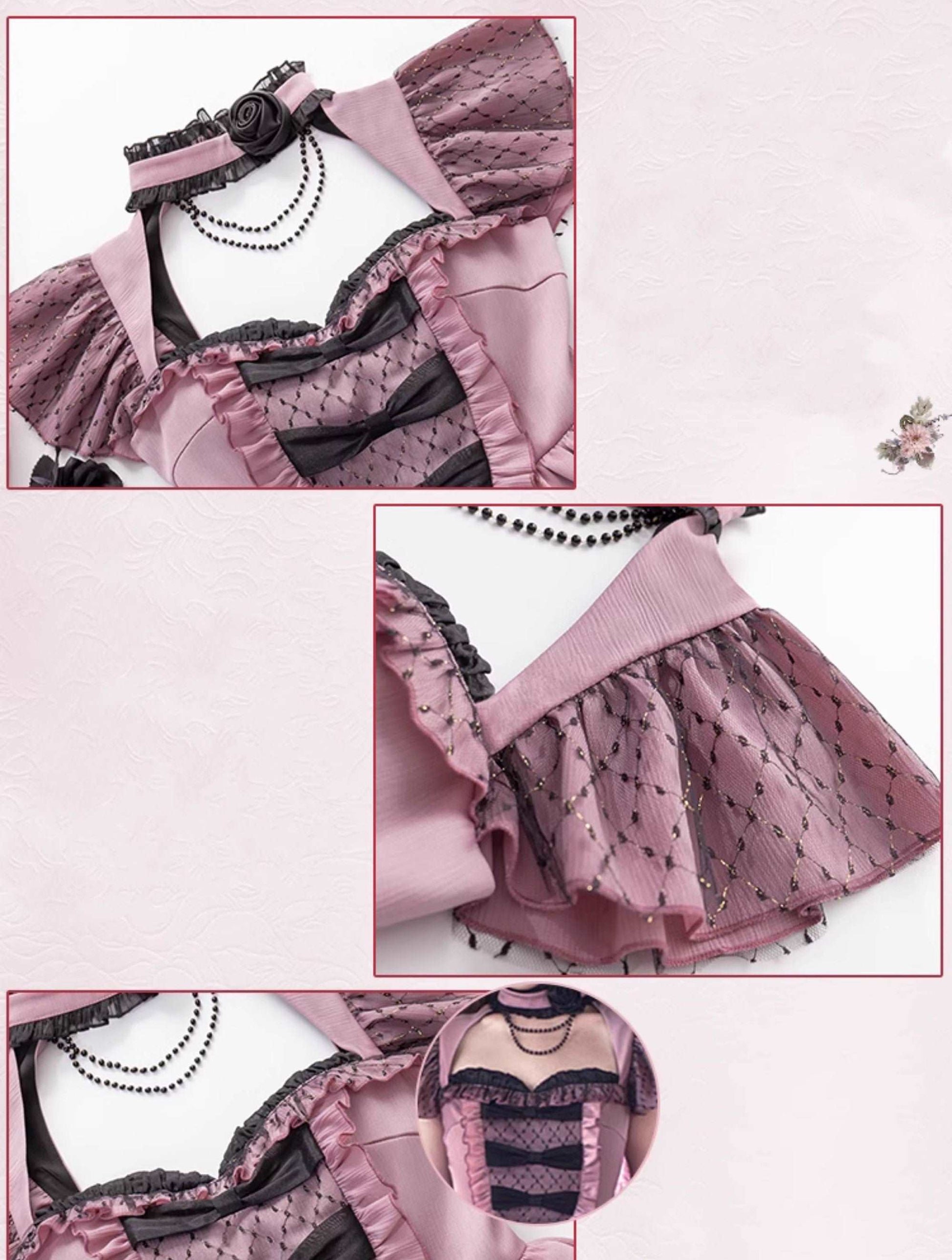 Coral Sea Purple Black Rose Regal Elegant Princess Lace Bow Dollcore Girl Dress