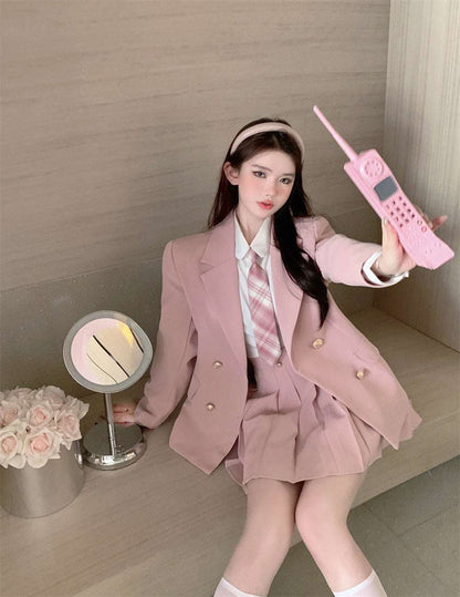 Classic Elegant Student Girl Sweet Spring Soft Black & Pink Suit Jacket Long Sleeve Shirt Skirt Three Piece Set