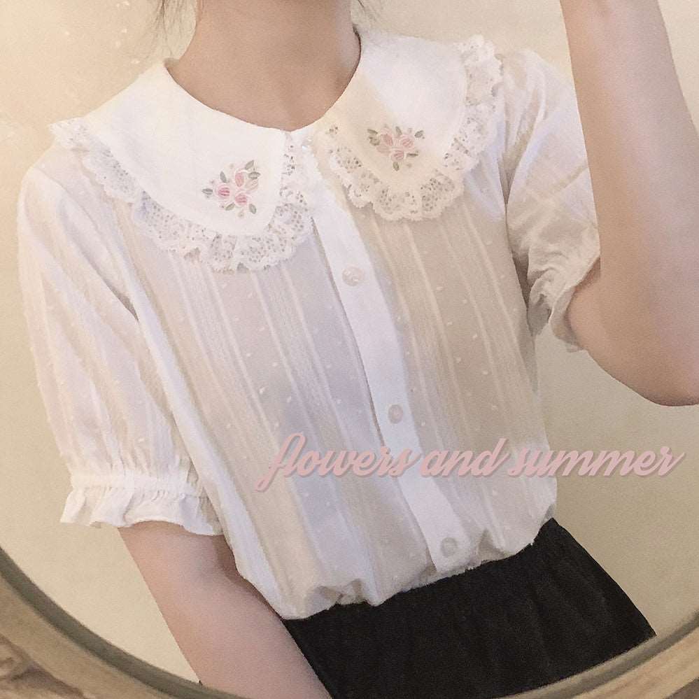 Bouquet of Roses Embroidery Lace Cotton Doll Collar White Shirt Blouse