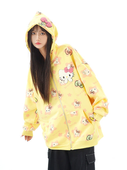 Cute Kitty Cat Print White Pink Yellow Y2K Oversize Hoodie