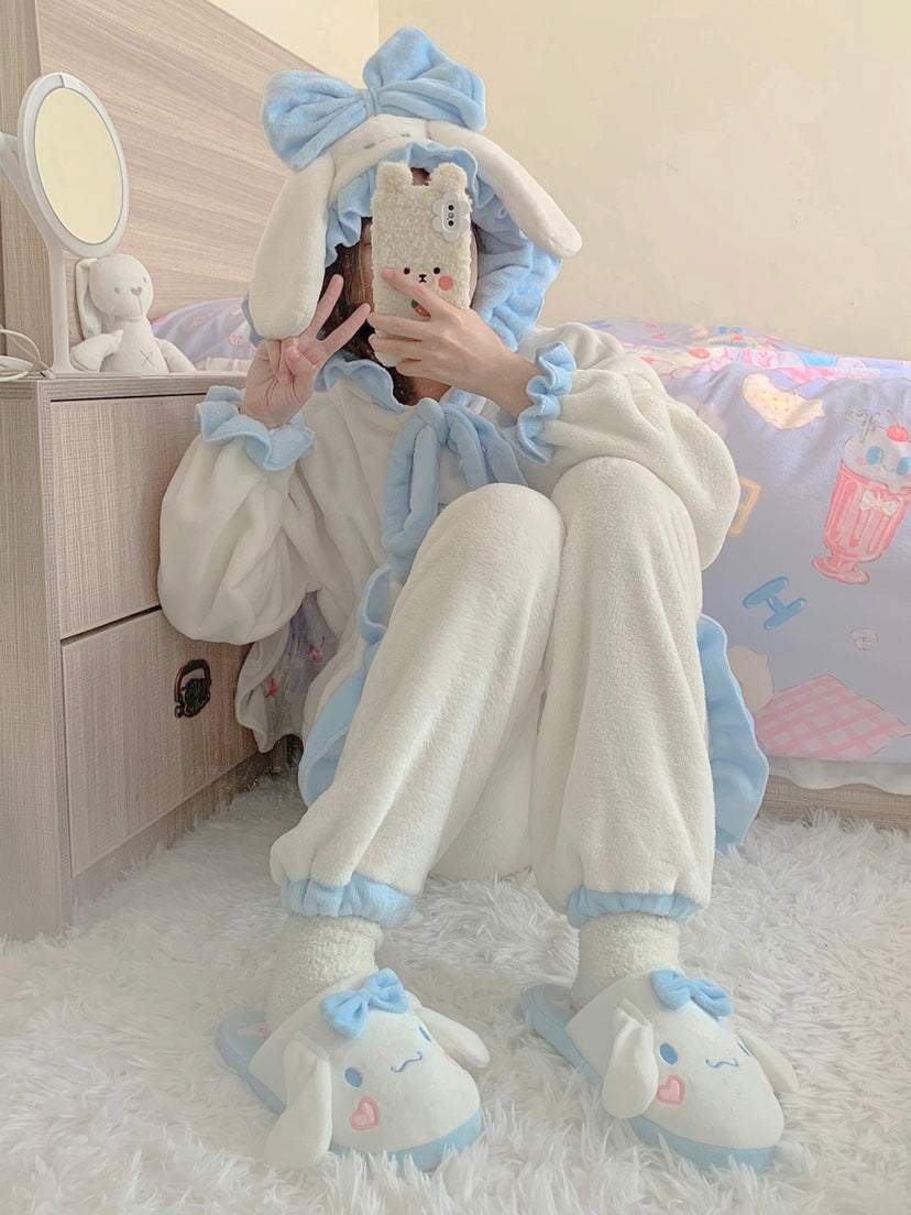 Winter Bunny Rabbit Ears Pink Blue Long Sleeve Top & Pants Pajamas Sleepwear