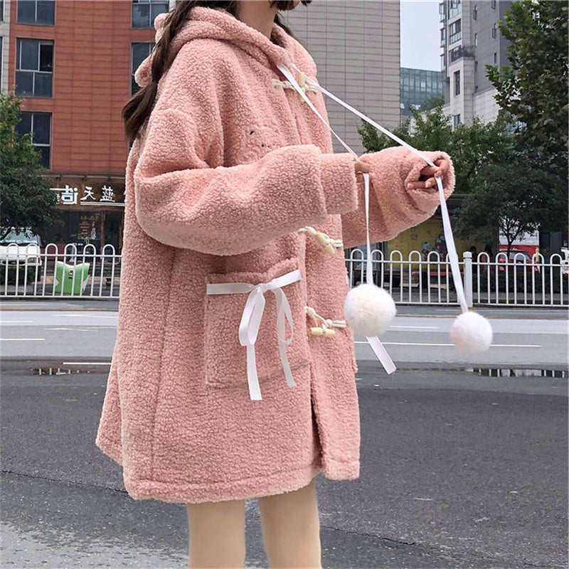 Cute Teddy Bear White Pink Autumn Winter Coat