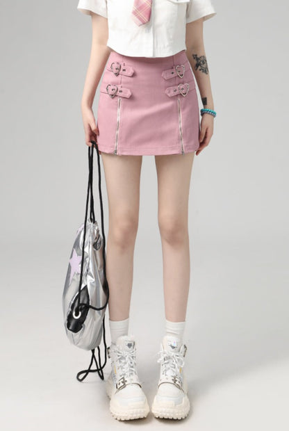 Sexy Sweet Heart Strap Double Zippers Pink Mini Skirt