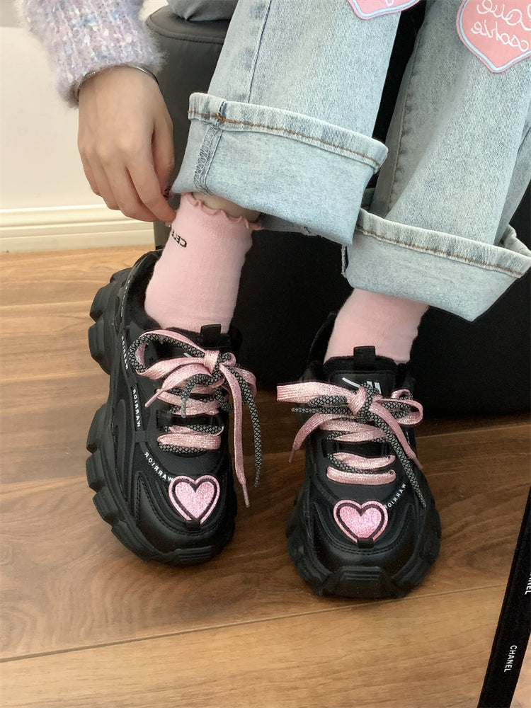 Kawaii Cute Black Pink Heart Y2K Thick Soles Black Sporty Sneakers Running Shoes