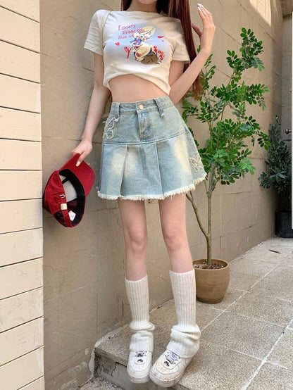 Summer Spring Fashion Girl Women Butterfly Embroidery A-line Pleated Denim Jeans Skirt