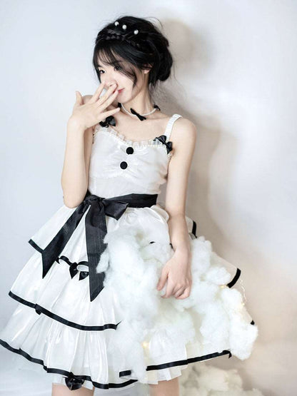 Black Pink White Sweet Lace Layered Cake Strap Dress