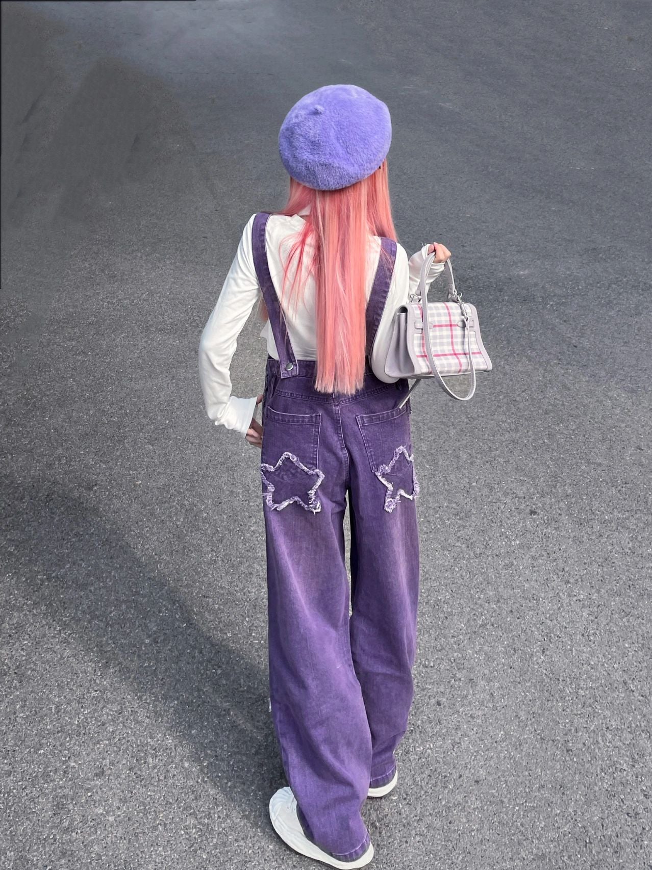 Plus Size Women Purple Star Denim Overalls Streetwear Style