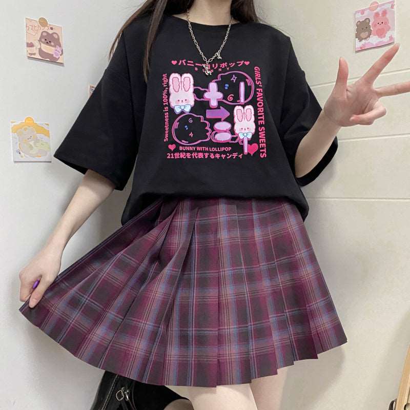 Bunny Lolipop E-girl Grunge Japanese Y2K Print Cotton Short Sleeved Oversize T-shirt Tees Top