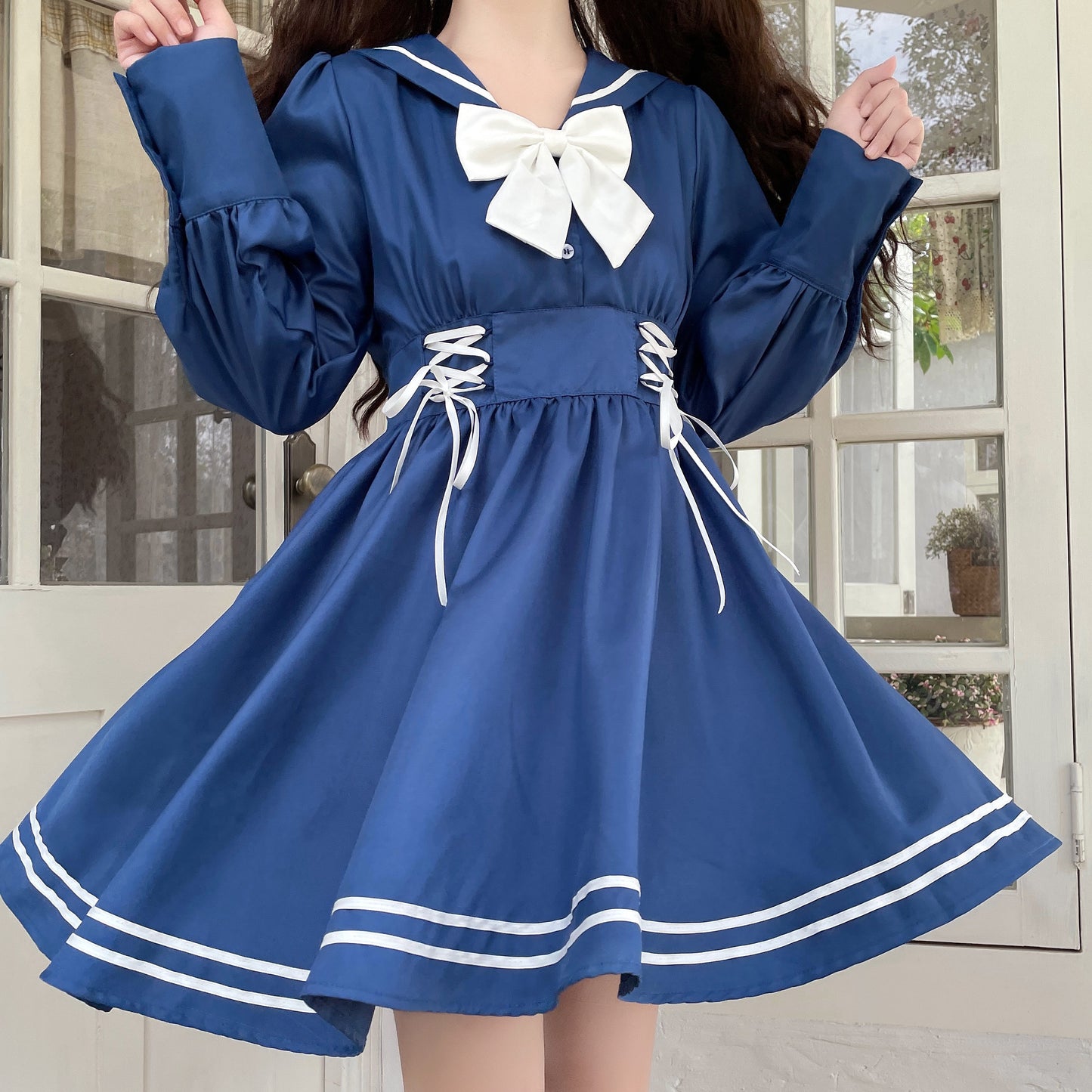 Sweet Girl Sailor Collar Navy Blue & White Bow Dress