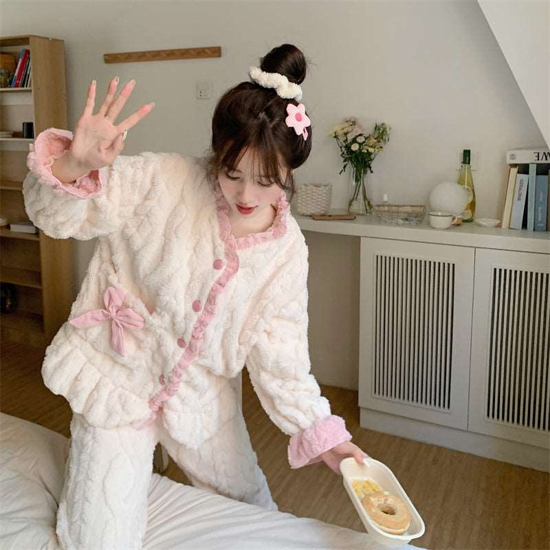 Japanese Girl Fashion Woman Autumn Winter Warm Bow Cream Pink White Soft Fluff Plush Cute Top Pants Two Piece Set Pajamas