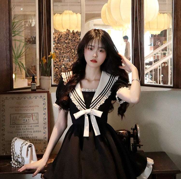 Elegant Cute Girl Women Classic Lace Navy Sailor Collar Short Black Summer Dress