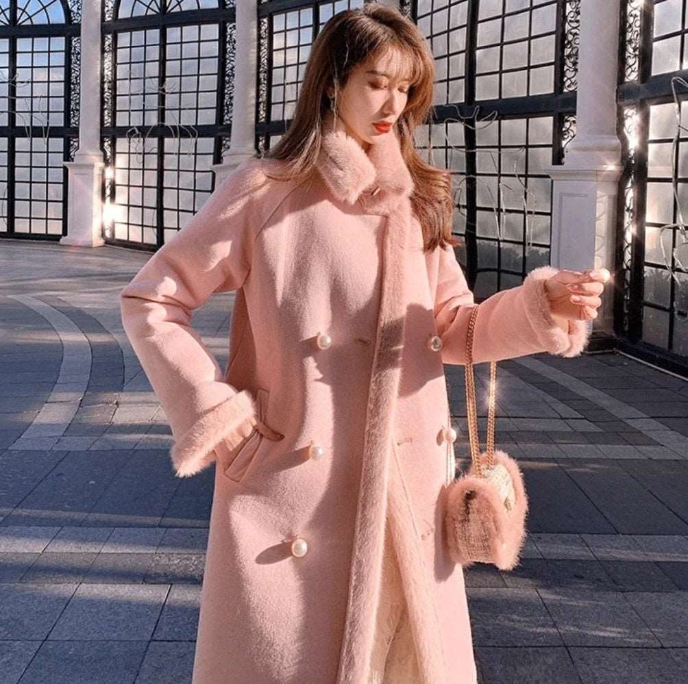 French Classic Sweet Spring Autumn Fall Winter Luxury Neck Strap Woolen Pink Blue Coat