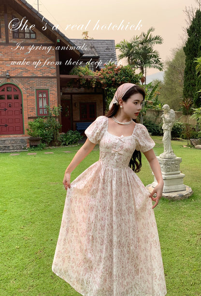 Juliet Bow & Lace Elegant Fairy Princess Floral Pink Long Dress