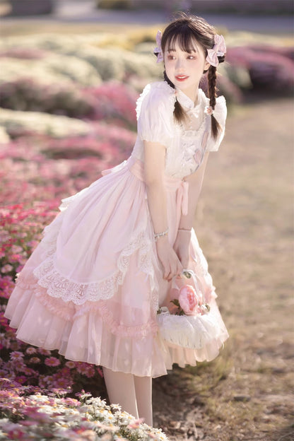 Tulip Princess Floral Flower Fairy Pink White Lace Bow Dollcore Puff Sleeve Dress