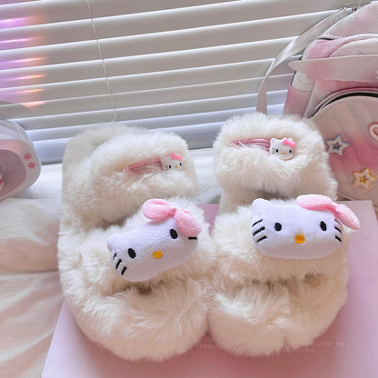 Plush Fluff Cat Kitty Pink Red Bow Furry Winter White Shoes Slippers