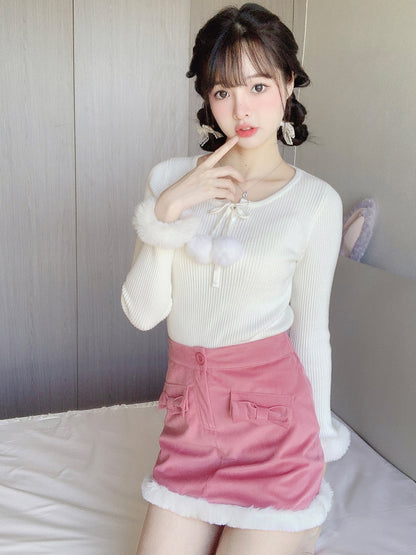 Cute White & Pink Plush Velvet Mini Skirt