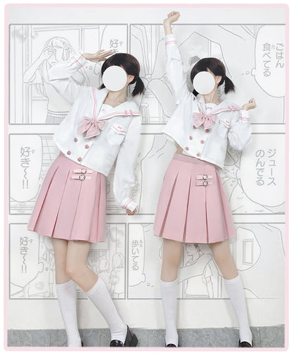 Japanese School Girl Cosplay Sailor Uniform Sakura Pink White Top & Skirt Two Piece Set