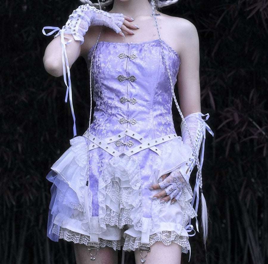 Salvation Gothic Punk Jacquard White Lace Purple Fishbone Sleeveless Top