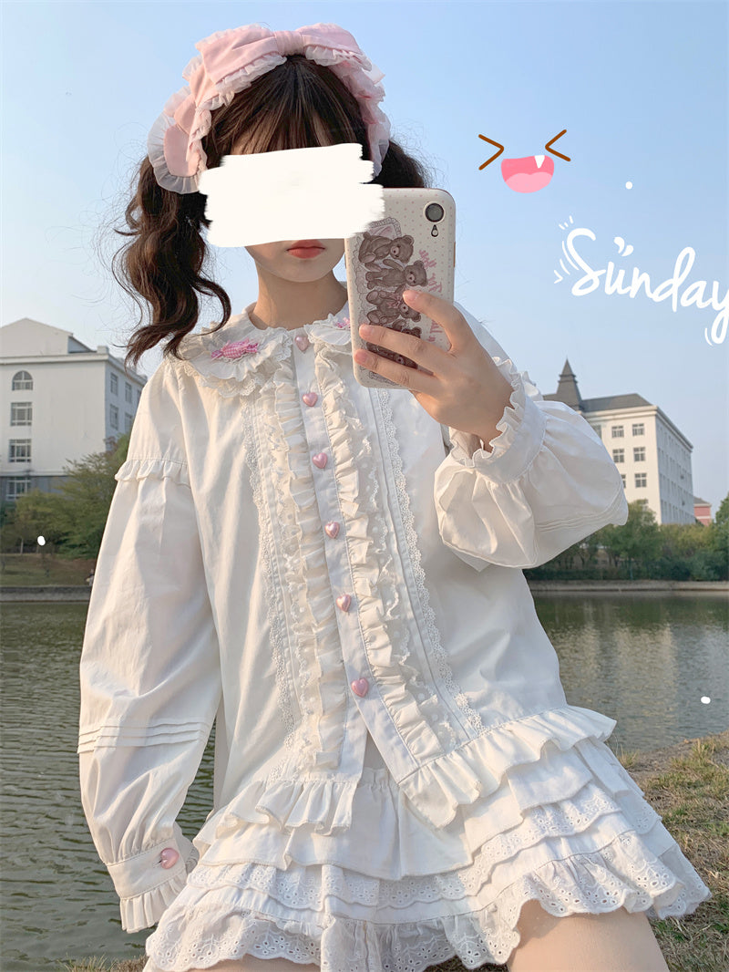 Doll Collar Elegant Lace Pink & White Long Sleeve T Shirt Blouse Top